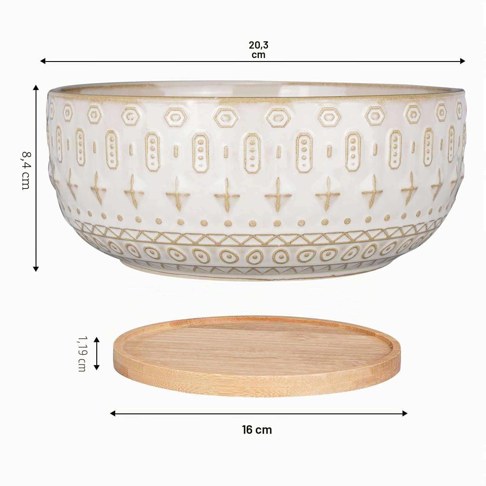 Pot de Fleurs Rond et Peu Profond en céramique avec Trou de Drainage pour Plantes d'intérieur - 20,5 cm - avec Plateau en Bambou - Blanc