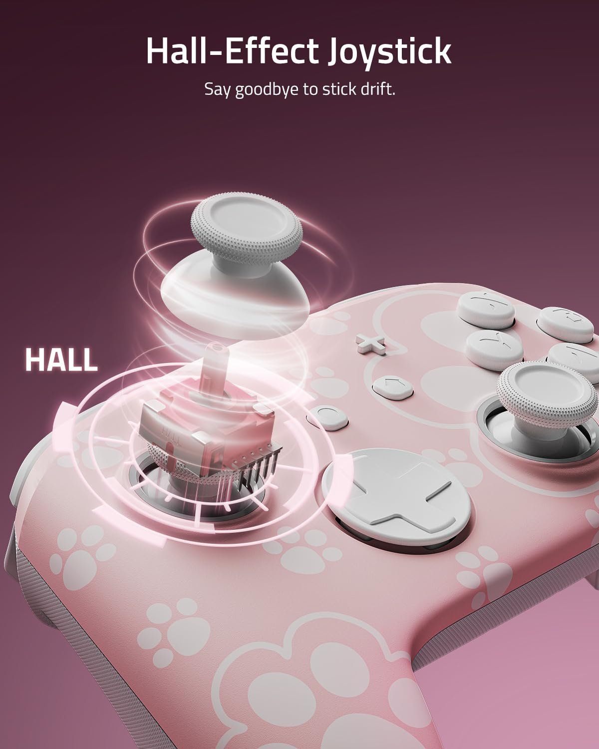 PALPOW Hall Effect Switch Pro Controller bezprzewodowy kompatybilny z Switch 2/OLED/Lite, FUNLAB Firefly Bluetooth Switch, kontroler gamepad z 7 kolorami LED/paddle/Turbo – kocia łapa, różowy