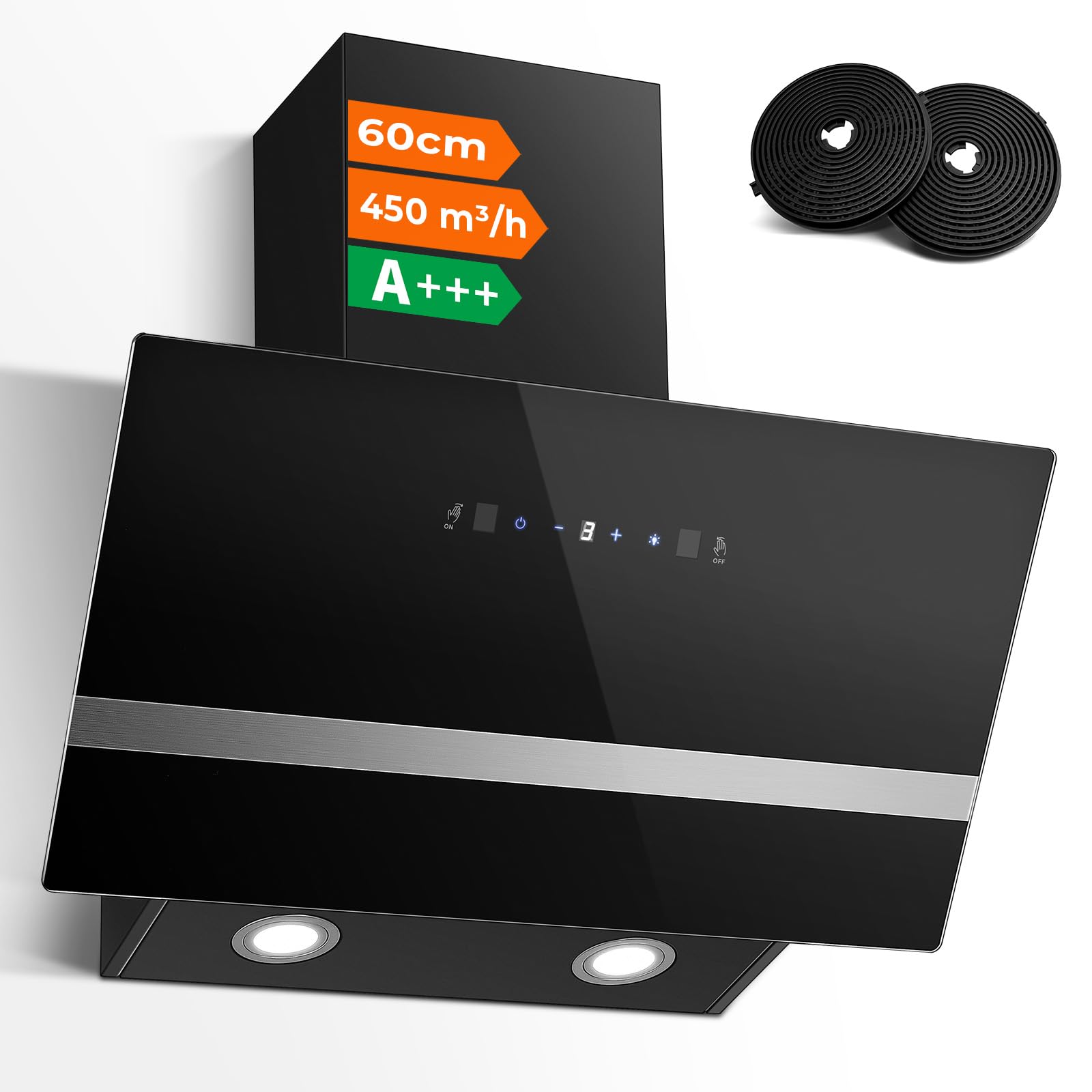 SNDOAS Cappa Aspirante 60 cm, 450 m³/h, Controllo Touch e a Gesti, A+++ | Cappa da Cucina Inclinata con Scarico/Ricircolo, 3 Velocità + Modalità Boost, Silenziosa, LED, Vetro Nero