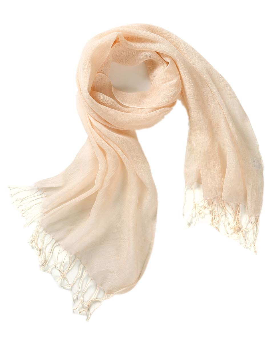 Prettystern uni coloured plain loose woven fringes 100% linen spring summer shawl - T11 beige