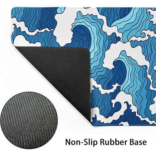 Image of Printed Gaming Mousepad - Premium Stitched Edges, Smooth Surface,Size 11x23 inches, Non-Slip Rubber Base - Ideal for Office & Gaming Setup (Japanese Blue and White Wave)