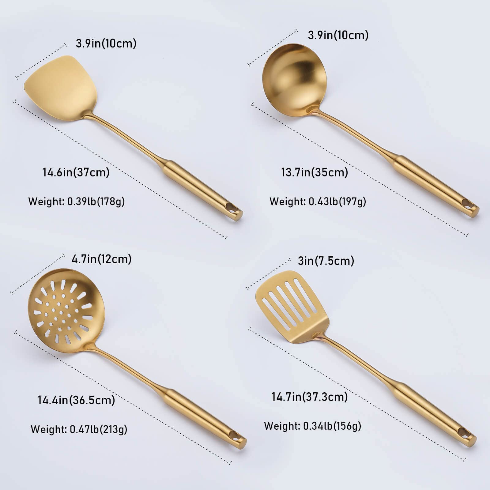 Gold Kitchen Utensils Set, 8 PCS 304 Stainless Steel All Metal Cooking Tools - Spatula, Soup Ladle, Skimmer, Slotted Spatula, Spaghetti Server, Large Spoon, Small Ladle Spoon Colander Set for Hotpot