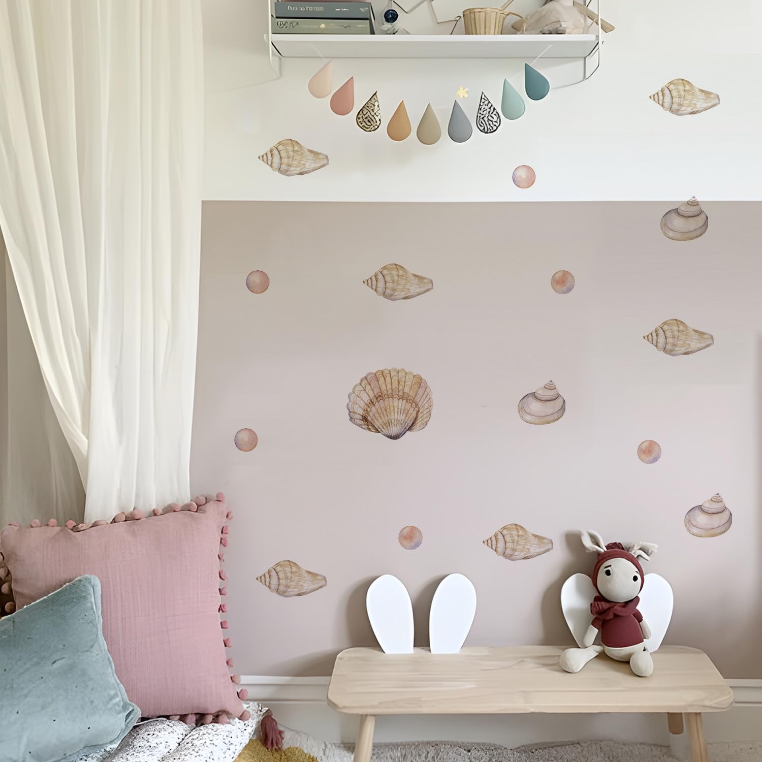 Alwayspon Watercolor Pale Yellow Pearl Shell Art Wall Decals, Peel and Stick Wall Stickers for Living Nursery Room Bedroom Wall Decor