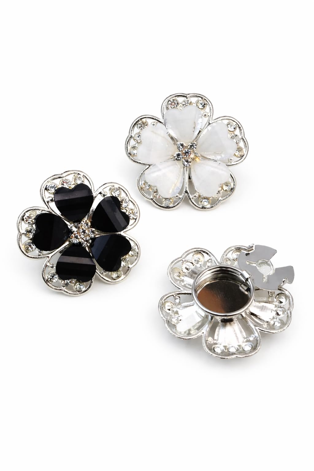AlankritParis Flower Shaped Brooch Button Cover, Silver Tone, Crystal Rhinestone Embellished, Black-image-37