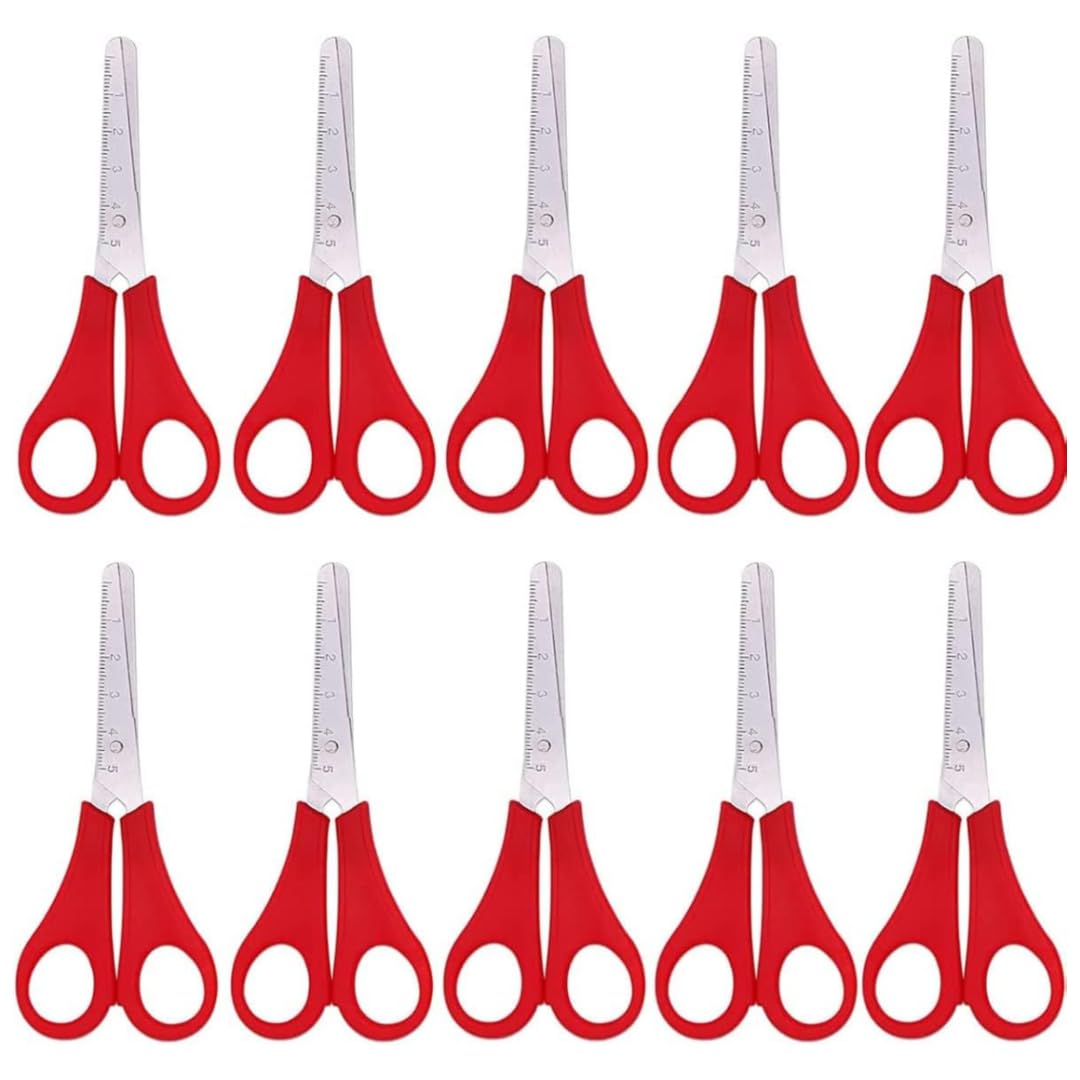 School Scissors Red 1x 5x 10x 20x pack with Plastic Handles and Stainless Steel Blades Ruler Safety 130mm children kids (5 Pack)