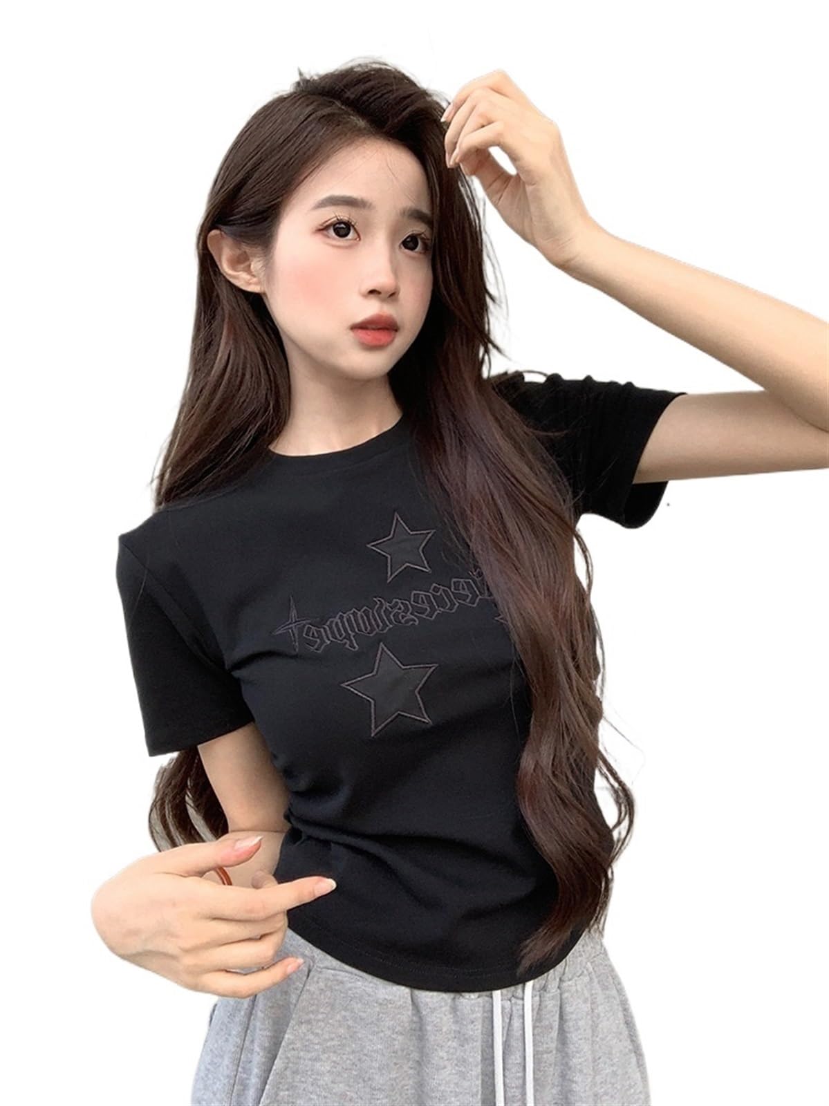 Amazon.co.jp: 女性用Tシャツ 星刺繍韓国折り返しラウンドネック