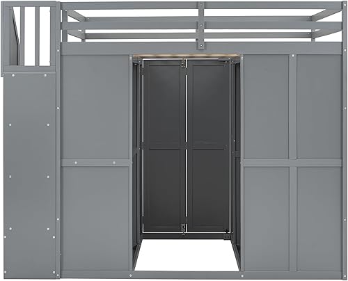 Miniatura 24 de Cama alta funcional tamaño individual con 2 cajones y 2 armarios, base de cama de madera maciza con barandilla de seguridad y escalera de