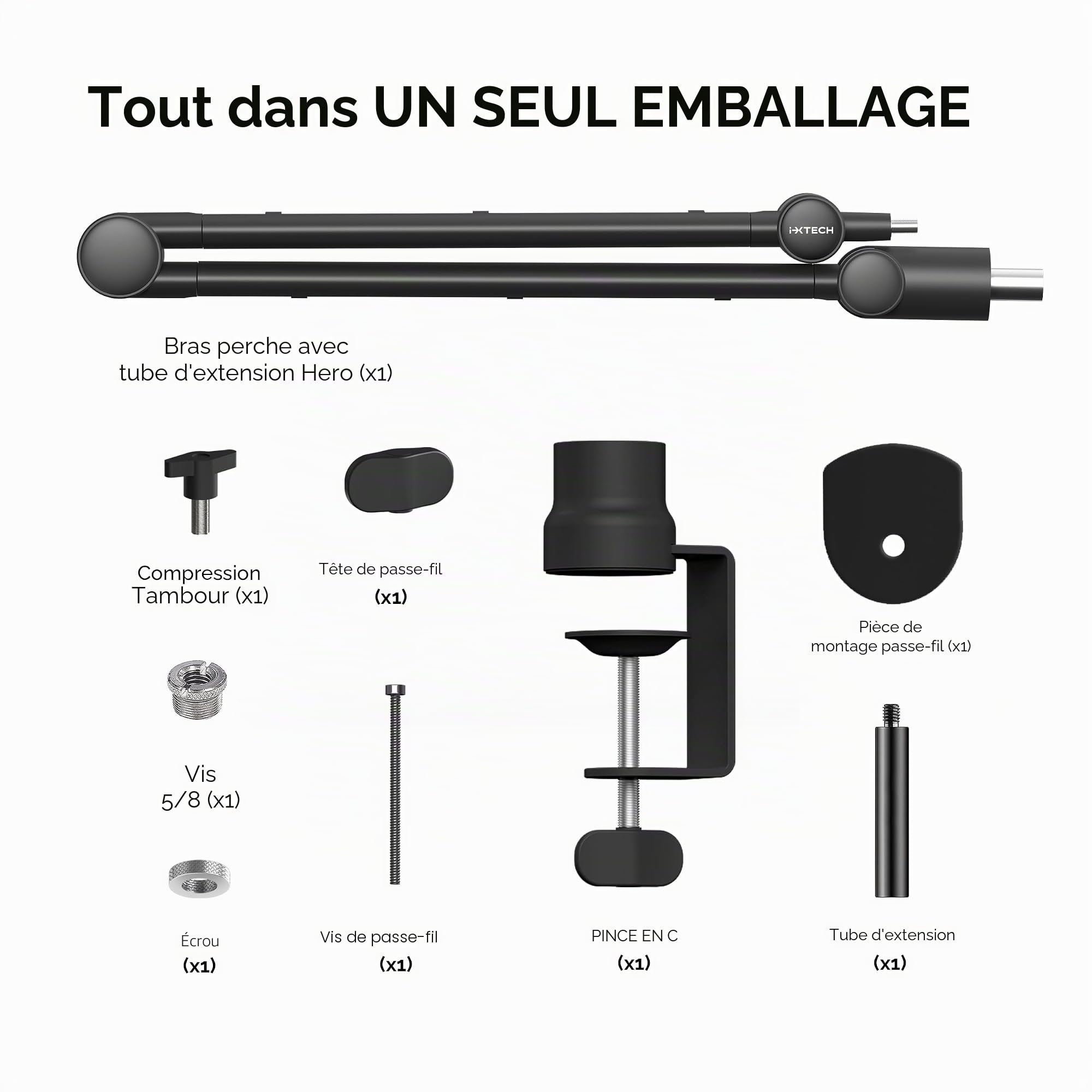 IXTECH Support de micro avec tube d'extension amélioré pour Shure SM7B MV7 Blue Yeti - Bras de microphone robuste en acier inoxydable - Support de bureau pliable pour podcast et jeux