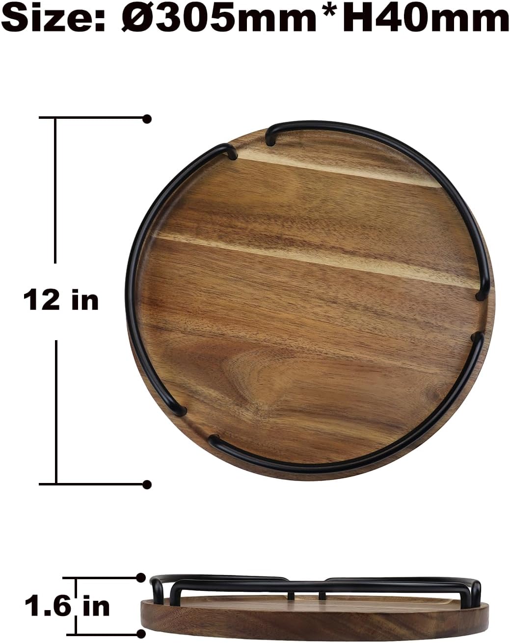 Round Wooden Serving Tray - Rustic Style Decorative Tray for Coffee Table, Living Room, Vanity - Acacia Wood Tray with Handles - Housewarming Gift - 12 Inches (Diameter) - Image 2