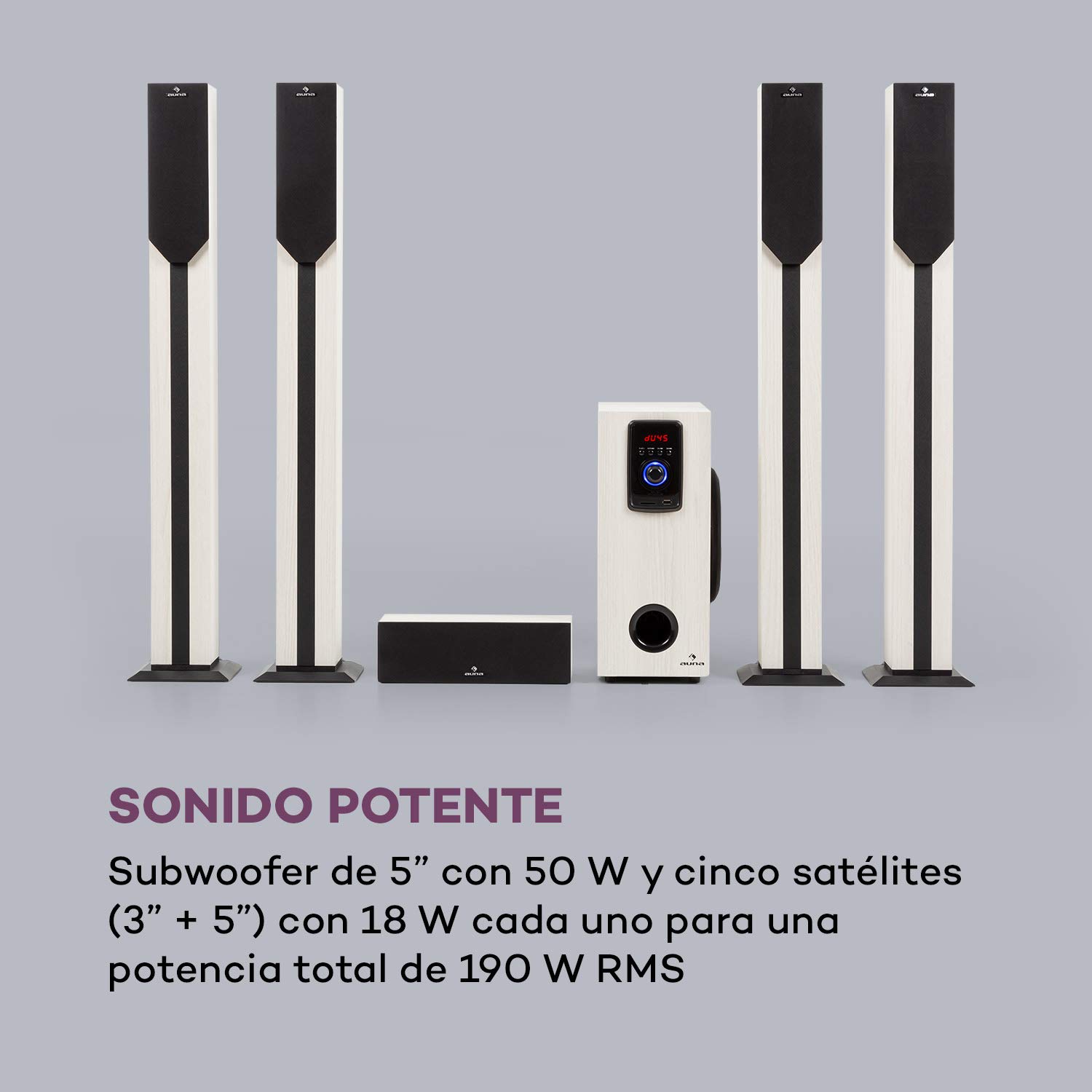 AUNA Areal Elegance - Sistema Home Cinema 5.1, Subwoofer 5", 5 Altavoces satélite (3"+5"), Potencia 190 W, Bluetooth, Puerto USB/SD, AUX, Pantalla LED, Mando a Distancia, Estética Madera, Blanco