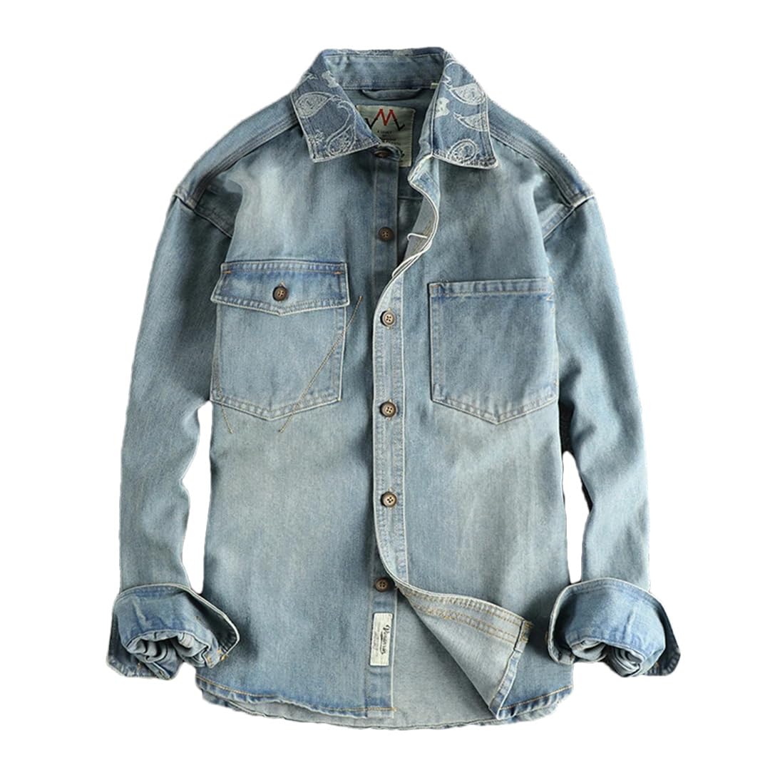 Męski ciężki kołnierz kwiat nerkowca haft design sens brytyjski vintage denim koszula trend płaszcz