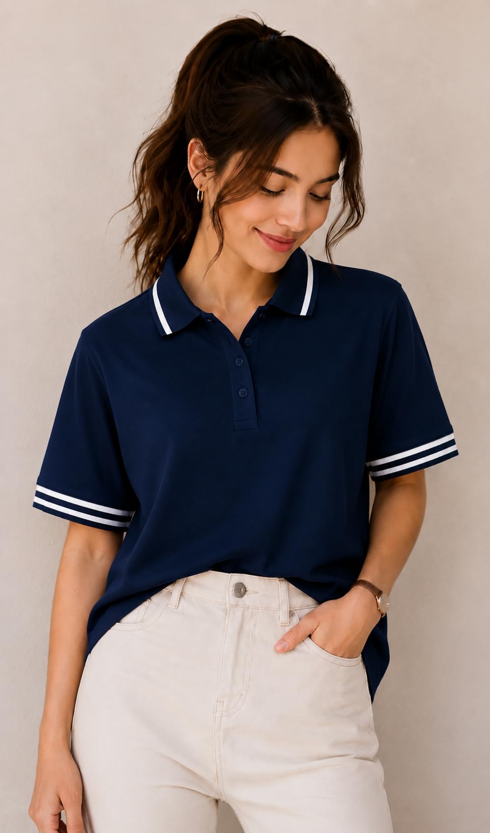 dagcros Women's Polo T-Shirt, Short Sleeve Collared Top with Striped Trim, Regular Fit, Casual Style Tshirt for Women-picture-31