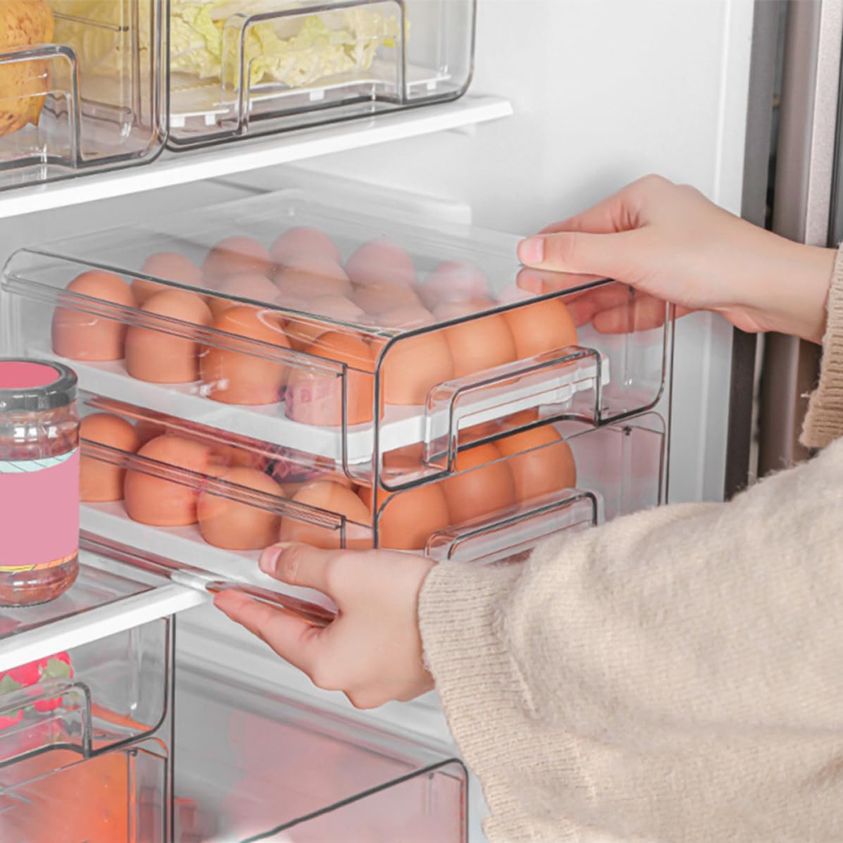 Cajón Compartimentos de Refrigerador 32 para Huevos Doble Capa | Pet Resistente, Diseño Ventana de Ventilación, Reduce Golpes y Humedad