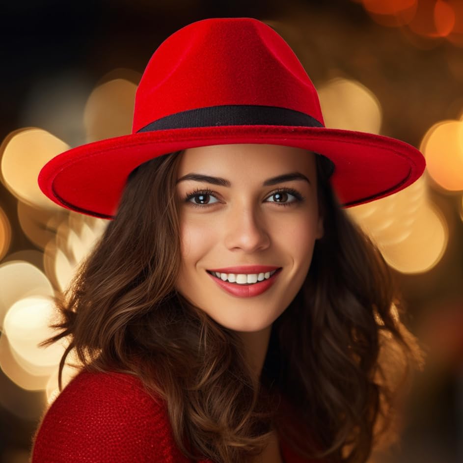 Felt Wide Brim Fedora Hats for Women Men, with Band Belt Buckle, Adjustable - Image 6