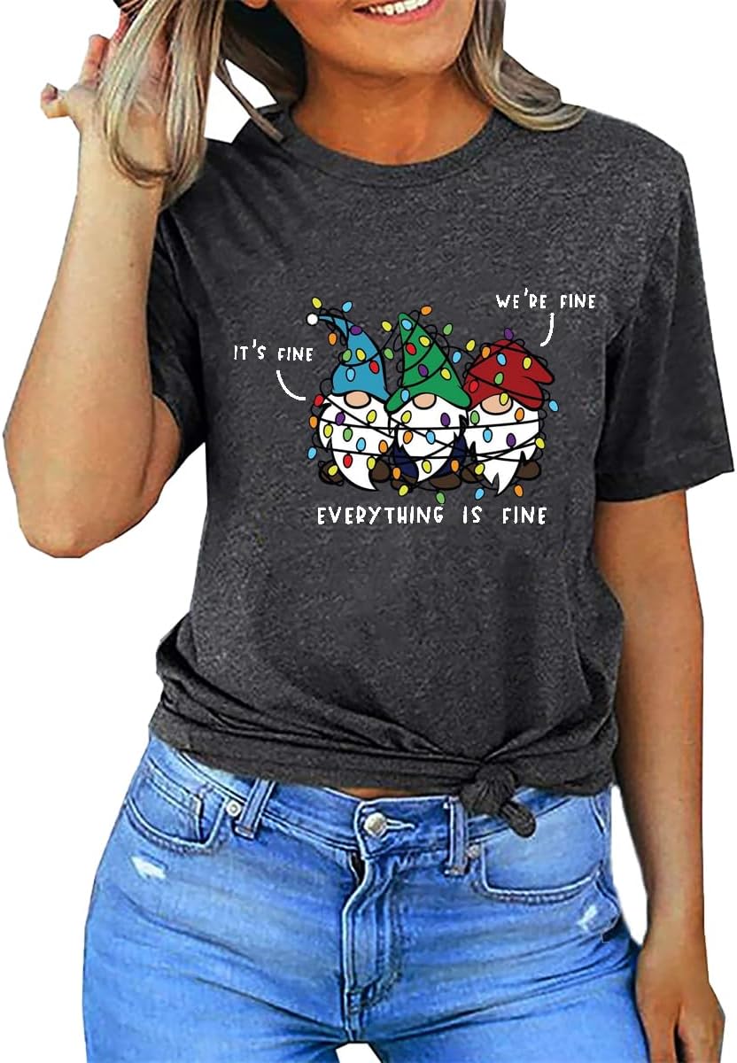 It's Fine We're Fine Shirt for Women - Christmas Gnomes Graphic Tee - Image 2