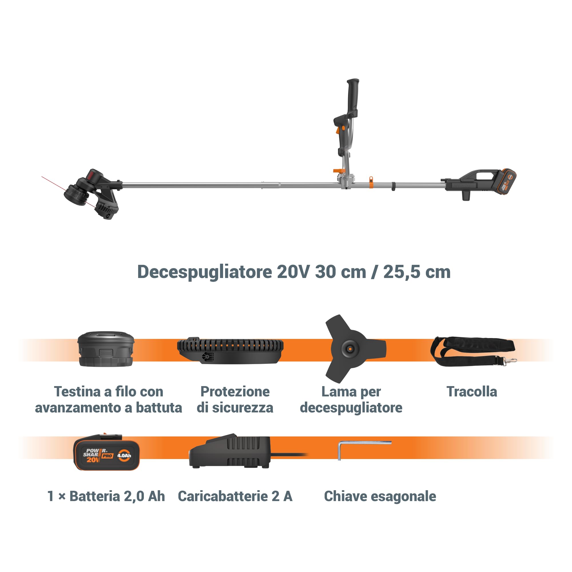 WORX WG082E,9 Decespugliatore 20V da 30 cm / 25,5 cm, pesa solo 4,1 kg, fino a 65 minuti di autonomia con una singola carica, motore brushless, 1 batteria da 4,0 Ah inclusa, PowerShare