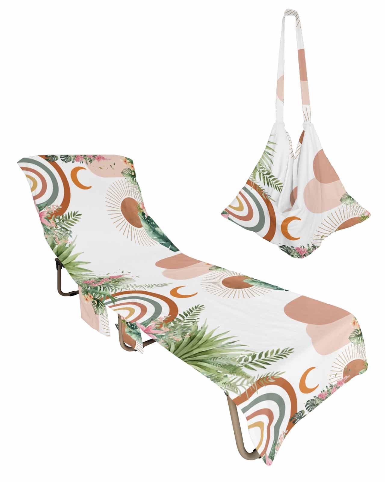 Boho Geometric Beach Lounge Chair Towel Cover, Soft Chaise Lounge Towel with Side Pockets Patio Pool Chairs Cover for Beach/Pool Sunbathing 29x85 Spring Botanical Abstract Art Modern