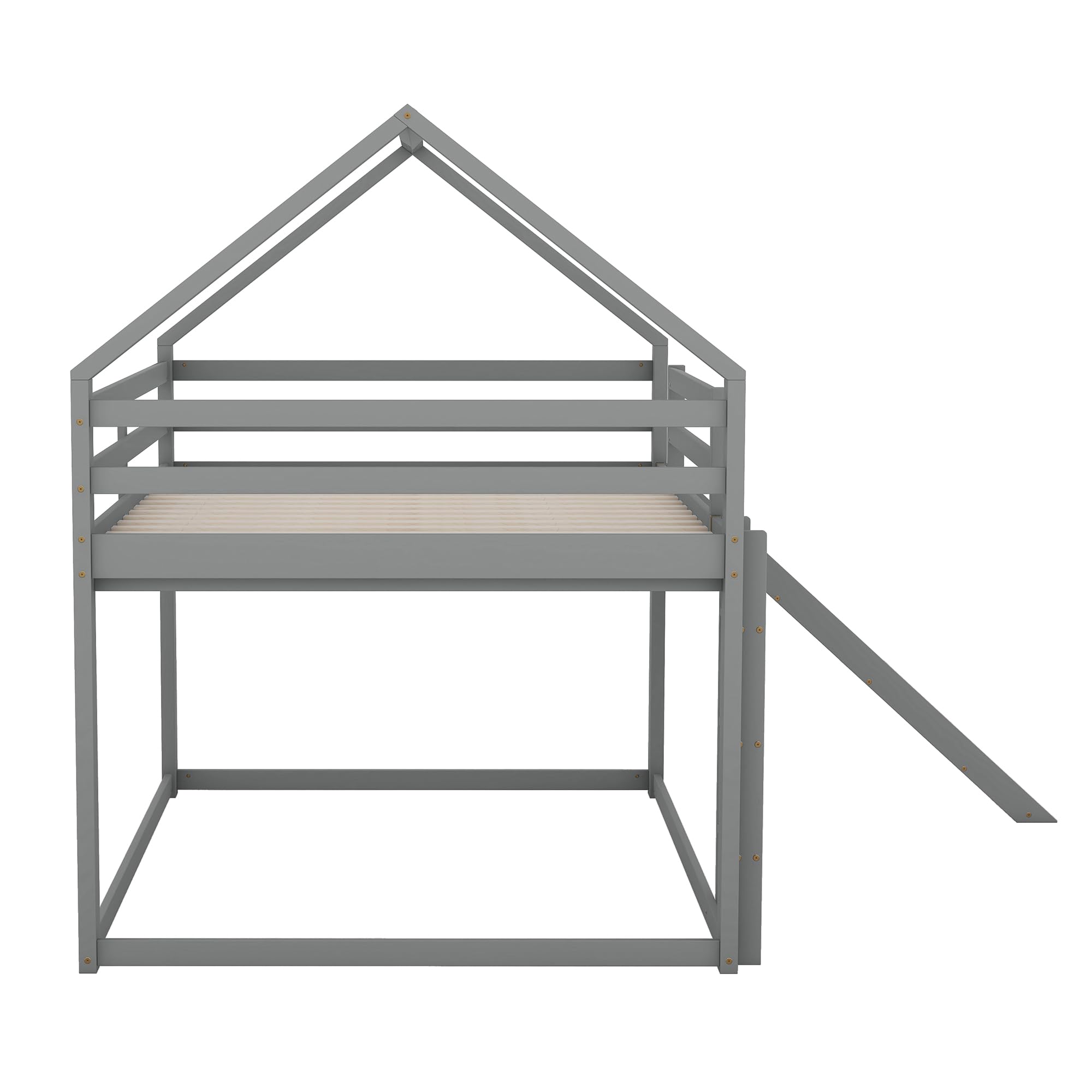 140x200 cm Etagenbett Kinder Holzbett mit Lattenrost und Rausfallschutz, Hausförmiges Bett mit kindgerechter Rutsche und Leiter, Kinderzimmer Doppelstockbett, Ohne Matratze, Grau