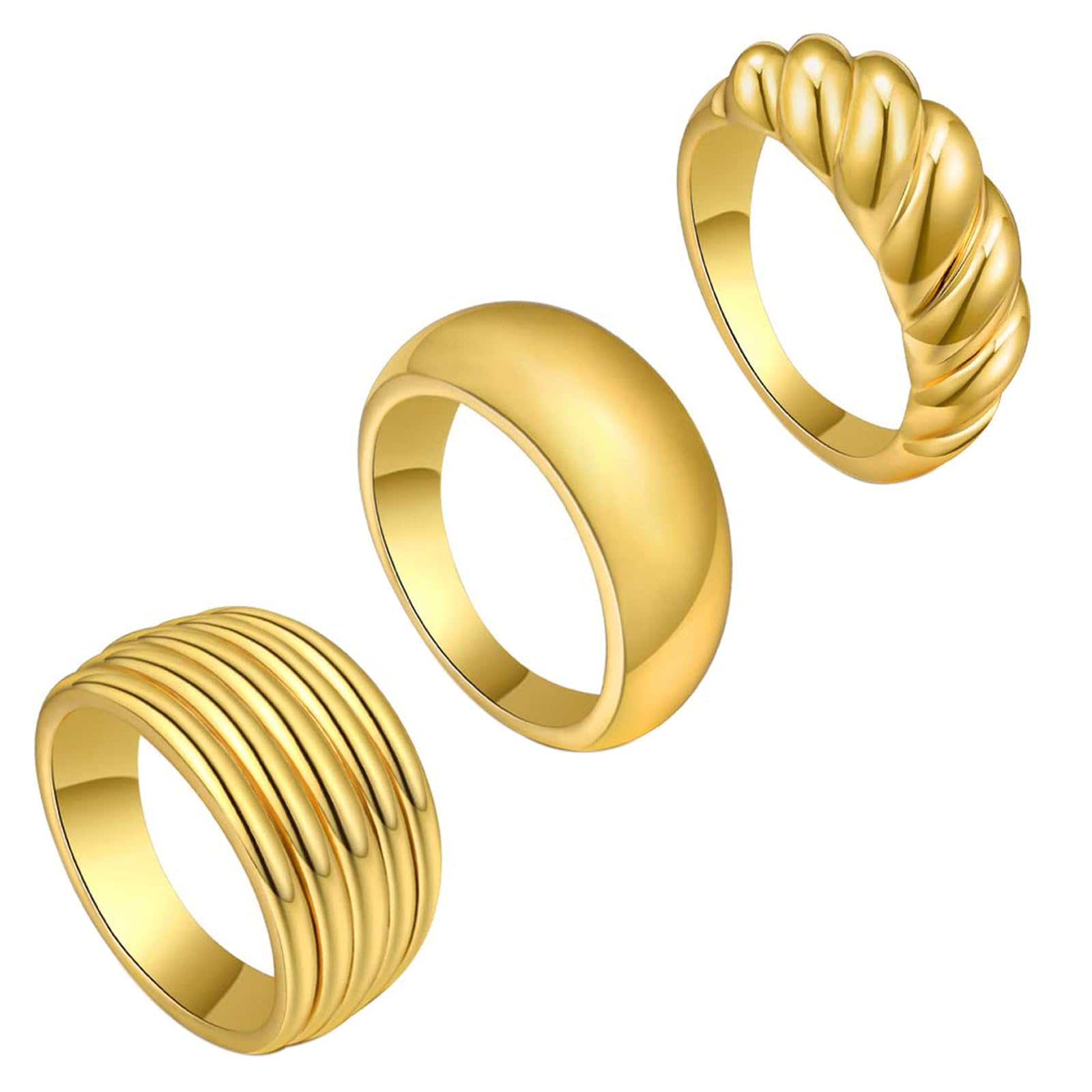 JewelryWe Gold Ringe Damen 3er Set Edelstahl Vergoldet Chunky Ring Gestreift Croissant Dome Dicke Goldringe Stapelbare Fingerringe Bandring Statement Ring Schmuck Geschenk für Frauen Mädchen