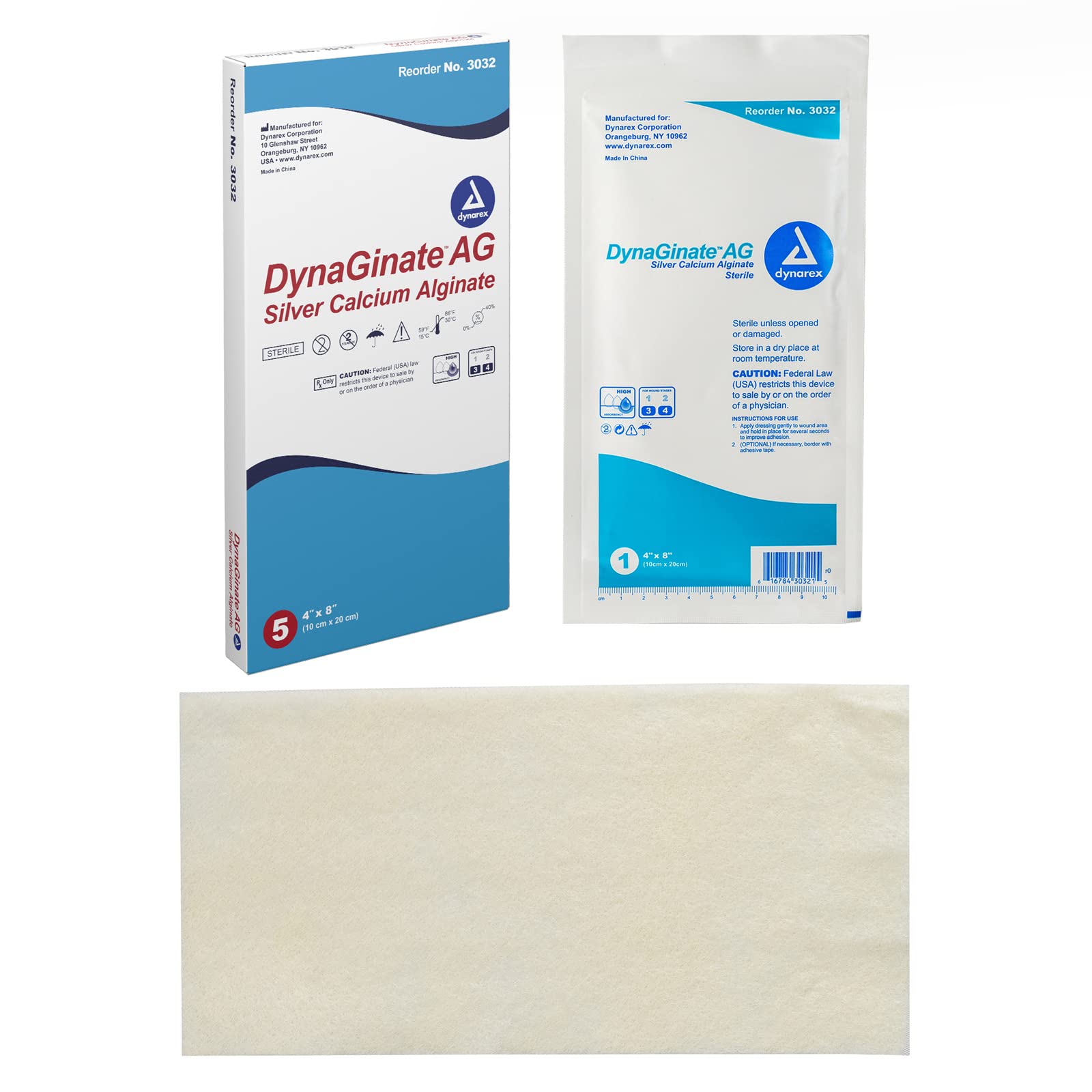Dynarex DynaGinate AG Silver Calcium Alginate Dressings - 4"x8", Calcium Alginate Wound Dressing with Silver Ions, 1 Case of 50 DynaGinate AG Dressings - 4"x8" - 1 Box of 5