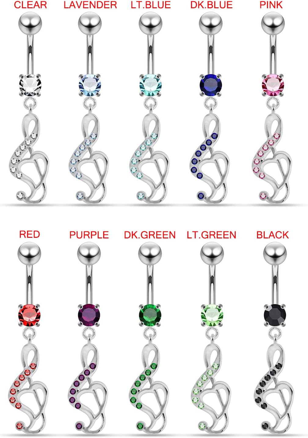 Multi Crystal Gemstone Fancy Heart Music Note Dangling Design 925 Sterling Silver with Stainless Steel Belly Ring - Belly Button jewelry - Navel jewelry
