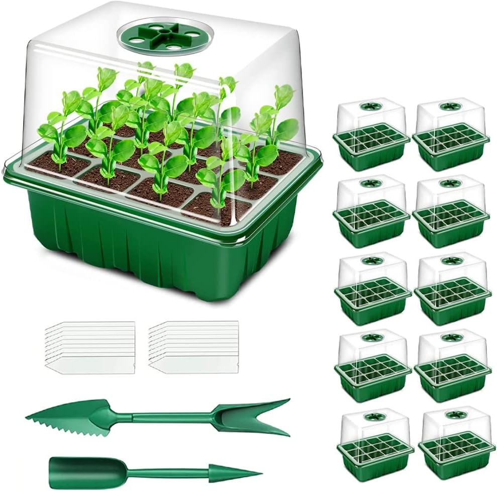 Seed Starter Tray, 10 Pack 120 Cells Thicken Seed Starting Trays Kit with Humidity Dome/Heightened Lids Growing Trays for Greenhouse & Gardens, Green
