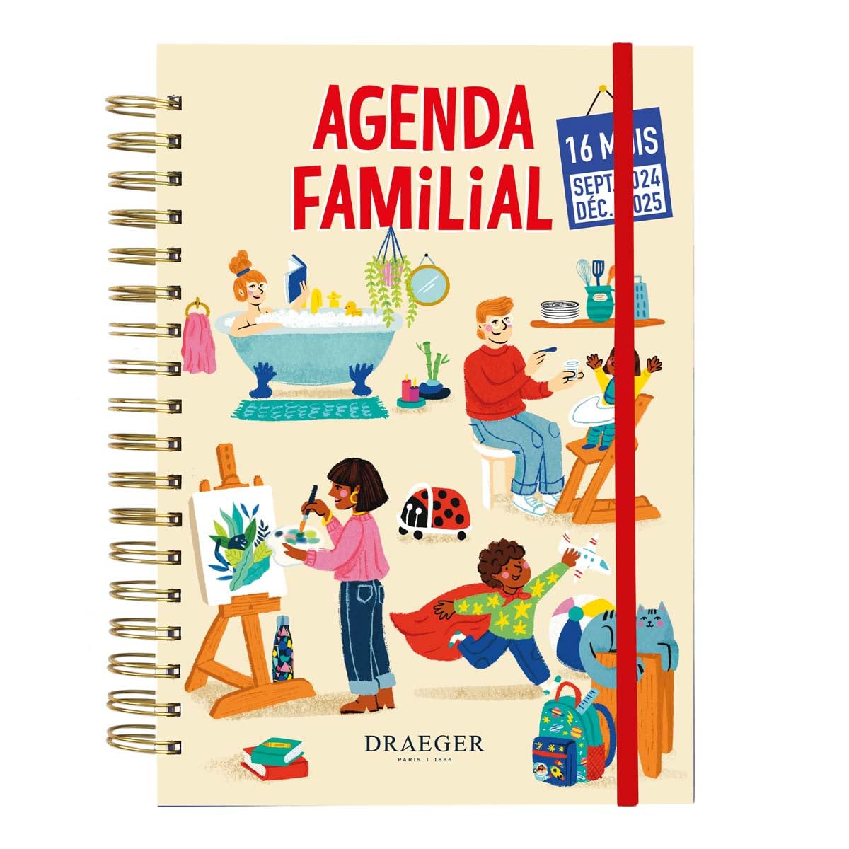 DRAEGER PARIS 1886 - Family Diary 2024-2025 18x25.5cm - L'Organise Tout - 16 Months Sept. 2024 to Dec 2025 - Elastic hard cover - FSC Paper & Vegetable Inks - Practical & Aesthetic Design