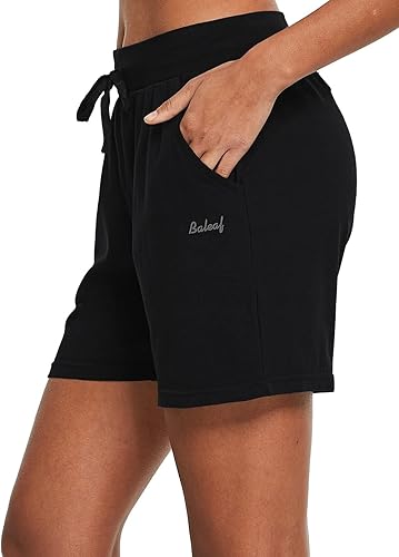 Miniatura 3 de baleaf Pantalones cortos de algodón para mujer, pantalones cortos deportivos con bolsillos, cintura alta, para verano, casual