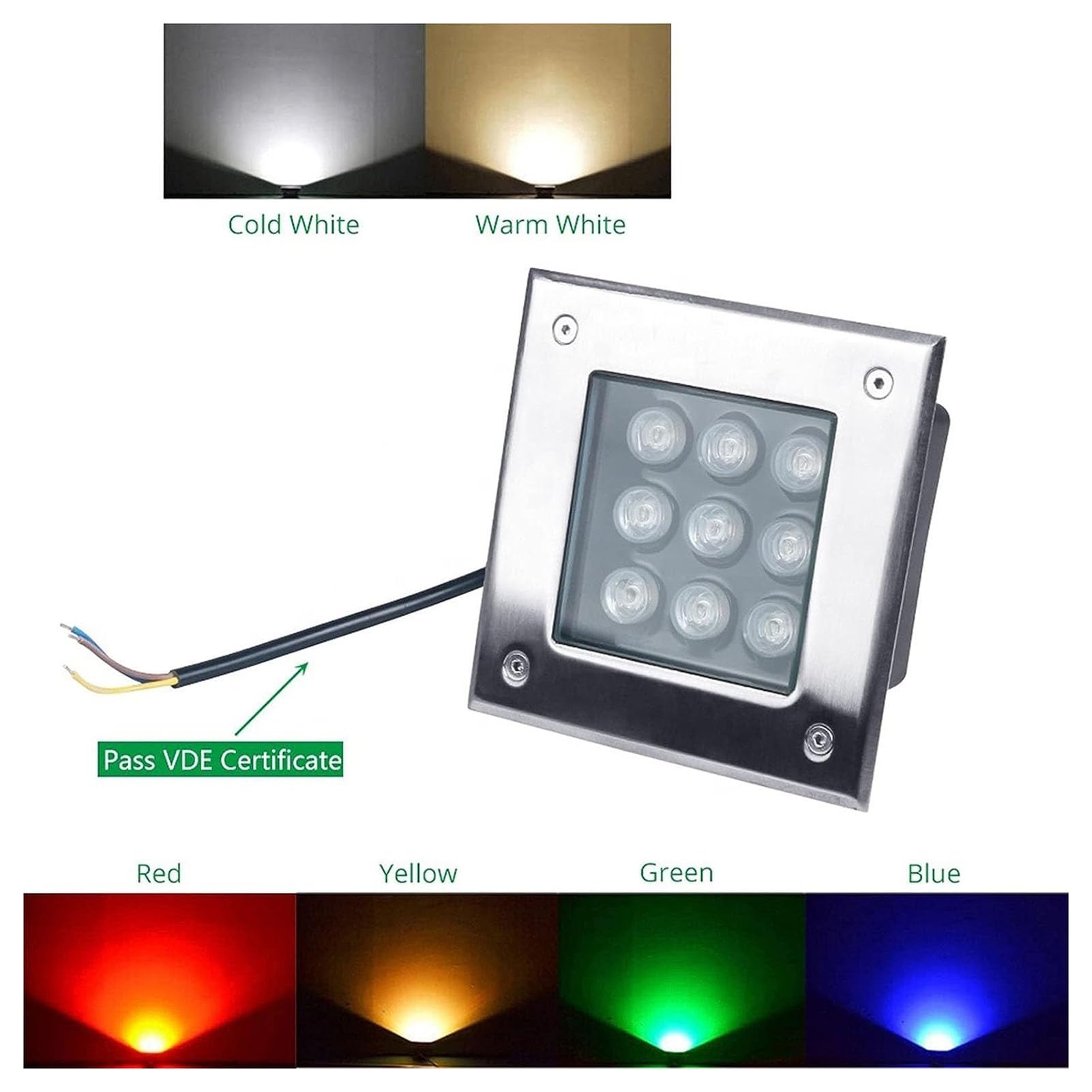 Kwadratowy reflektor LED do ogrodu - zewnętrzna lampa wpuszczana, wodoodporna IP67, oświetlenie ścienne i podłogowe niskiego napięcia 12 V (zimne białe światło, 9 W)