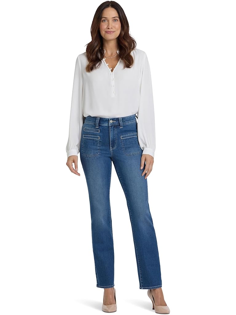 Blue NYDJ Petite Marilyn Straight Utility Welt Pocket Jeans in Romantic Indigo