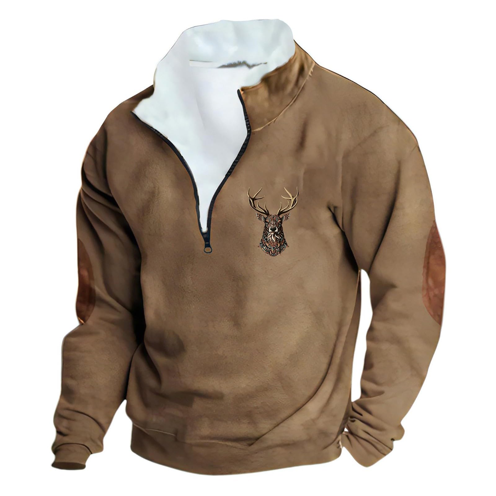 Generisch Sweat-shirt imprimé cerf de chasse pour homme avec boutonnière 1/4 - Pull à manches longues - Vintage - Haut d'hiver avec col montant - Coupe ample - Pull d'hiver surdimensionné