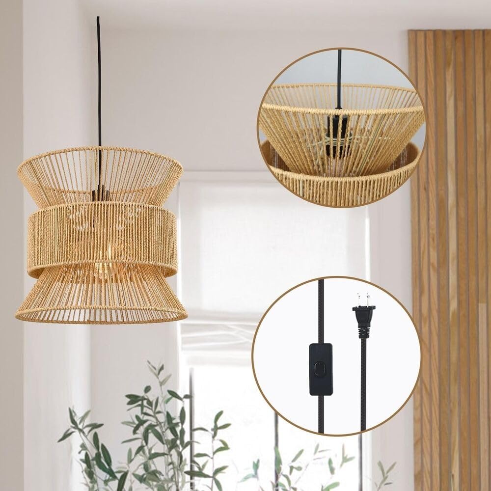 Lampa Wisząca Z Wtyczką, Rattanowe Lampy Wiszące Z Przewodem Wtykowym, Lampy Wiszące W Stylu Boho, Liny Konopne Z Wiklinowego Kosza Na Farmę Klosz Lampy, Oprawa Oświetleniowa Do Sypialni,Salonu,Kuchni