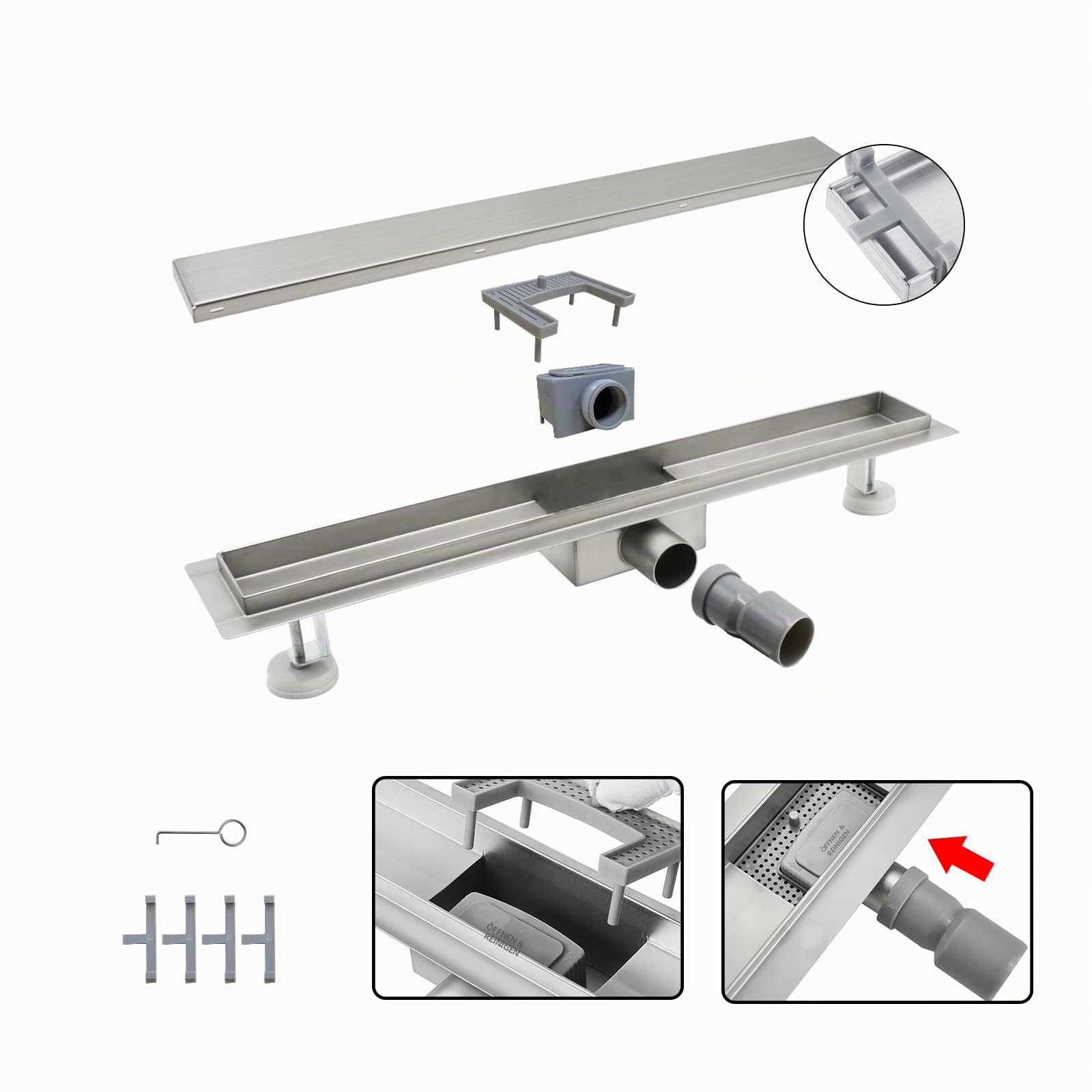 Duschrinne, italienisch, 2-in-1, Edelstahl, 70 cm, mit Siphon und Filter