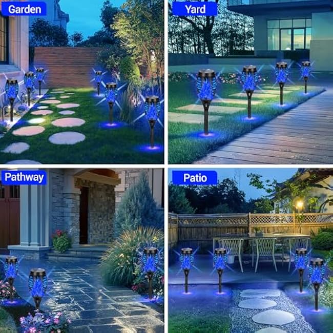 4 Pack Solar Torch Lights Outdoor Waterproof - Blue Flickering Flame, Outdoor Solar Garden Lights for Yard, Tiki Torches for Outside Patio Pathway Decorations