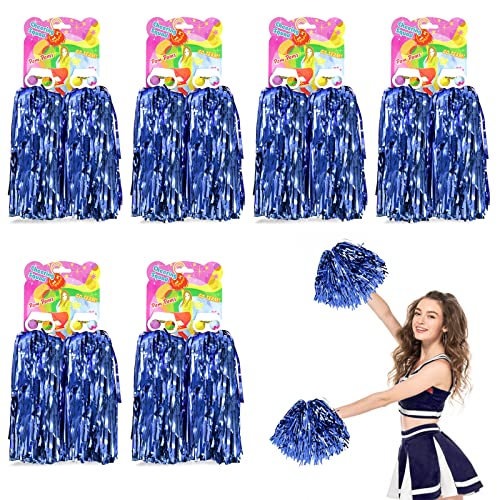 ToyaJeco 12 Stück Cheerleading Pom Poms, Metallisch Cheerleader Pompons mit Fingerfreundlich Ring, Handblume für Kinder Erwachsene Tanzparty Sport-Team Geist Jubelt (Blau) Cover