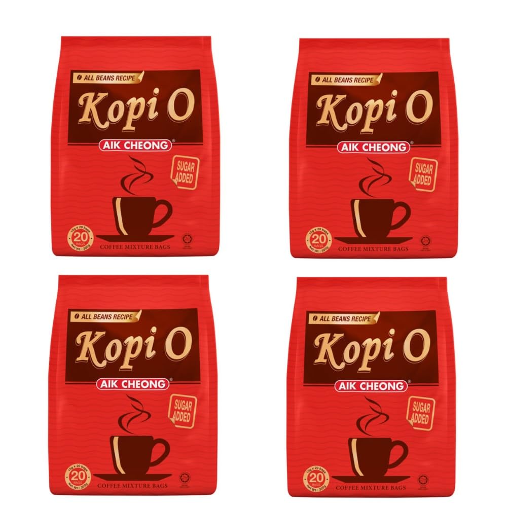 4 Pack Aik Cheong 2 in 1 (Kopi O) Black Coffee Mixture Bags Sugar Added Imported from Malaysia (4x20 Bags) Free Express Delivery