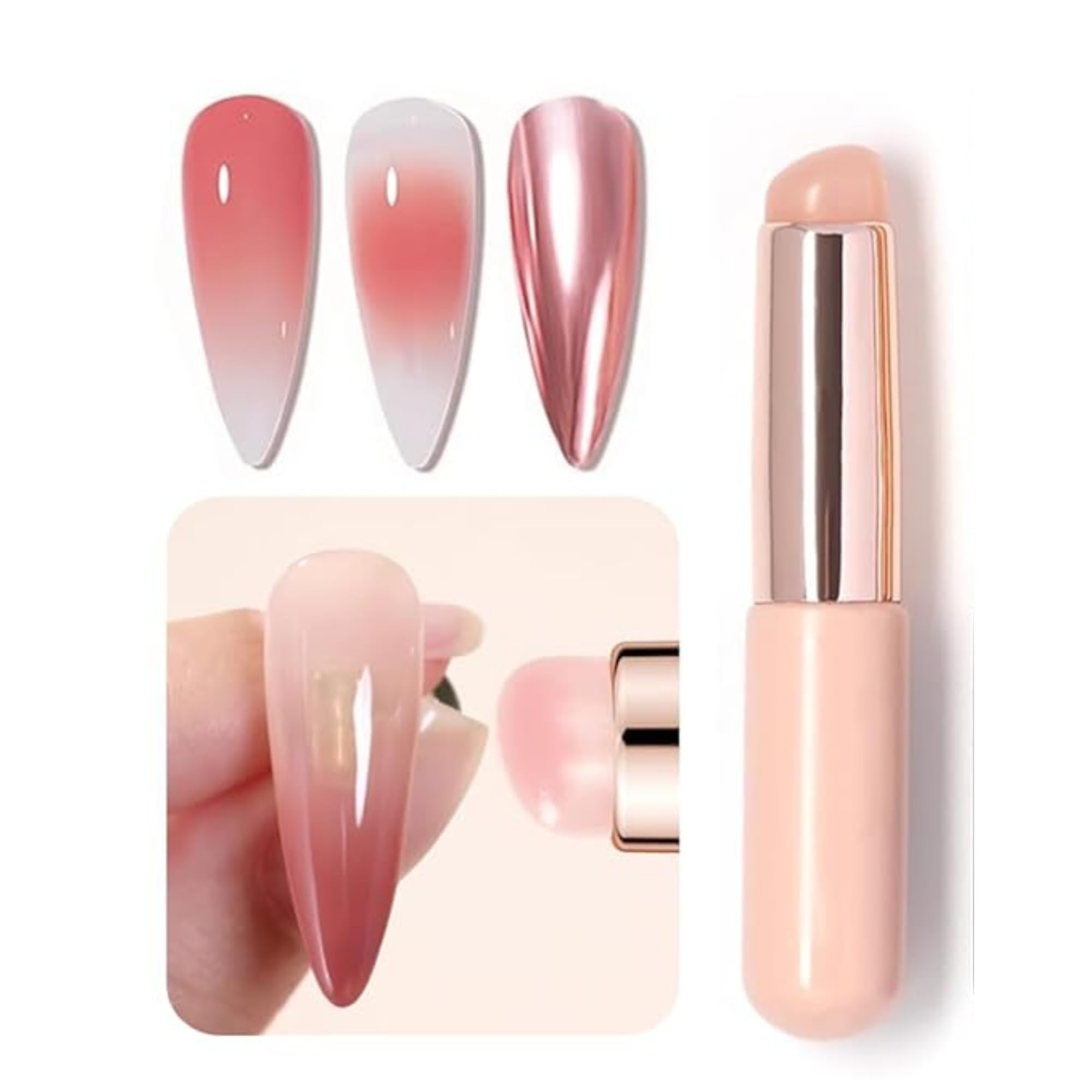 QUEENFINGER Nail Brush - 1pcs Reusable Chrome Powder Applicator, Pink Art Pen Silicone Brushes For Pat Ombre Gel and French Nails, Lipstick, Concealer, Eyeshadow (PINK)