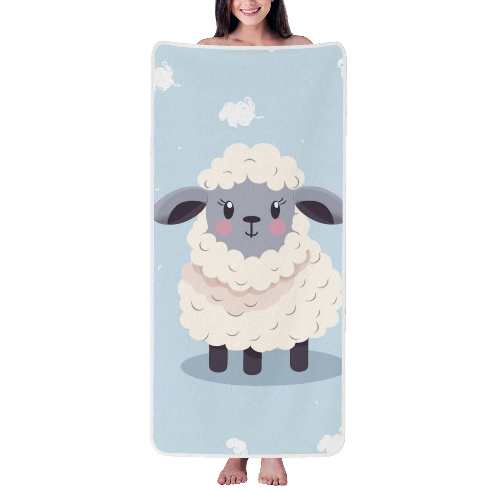 WPKJU Cute Cartoon Sheep Printed Bath Towel with White Edging - 27x55 in Soft Extra Absorbent Coral Velvet Shower Towels for Bathroom