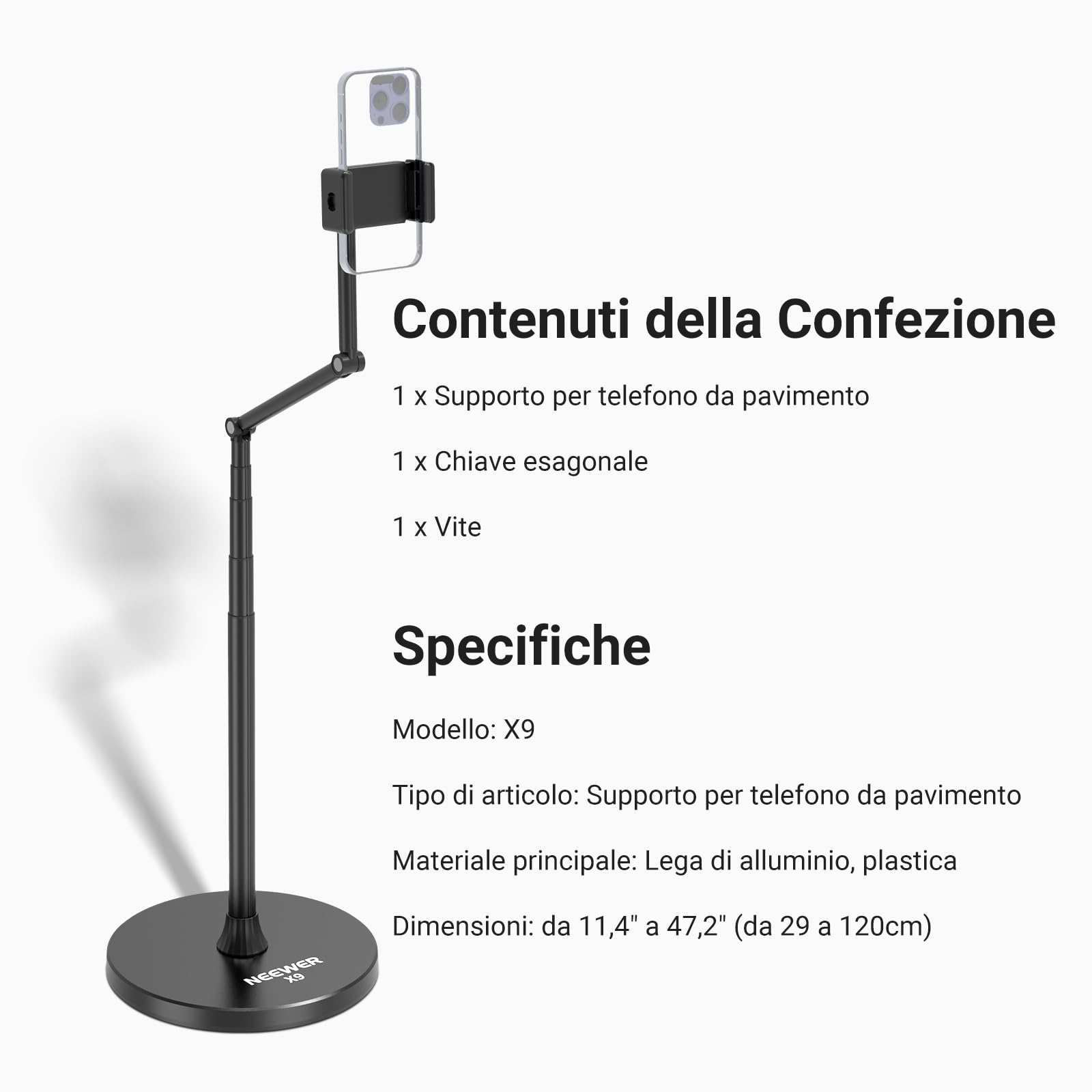 NEEWER ENTRY LEVEL VERSION Supporto per Telefono da Pavimento, Porta Cellulare Regolabile da Comodino Tavolo Ufficio, Phone Holder Compatibile con iPhone Samsung Android per Video, Base in Metallo, X9