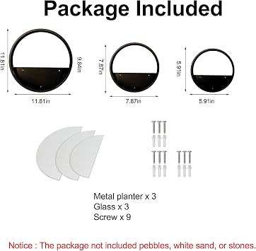 3 Pack Set Wall Planters,Modern Round Glass Wall Planter Succulent Planter Circle Iron Hanging Planter Vase for Herb,Small Cactus Perfect for Balcony, Room and Patio Decor (Black)