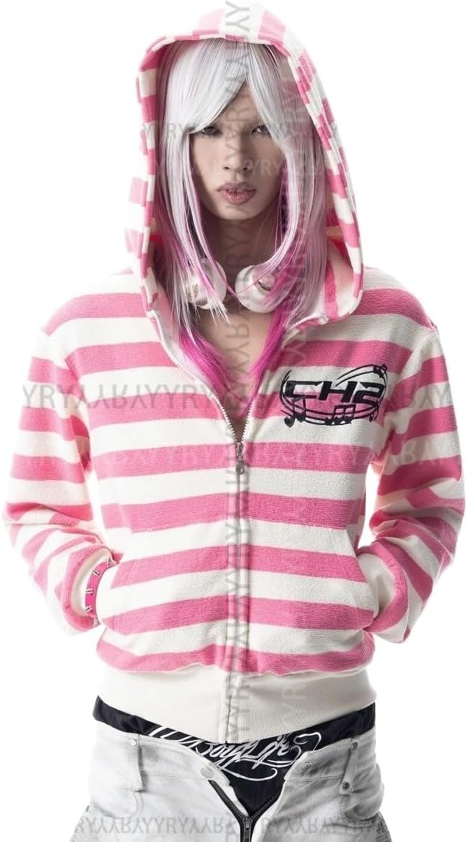 Unisex Y2k Sweet Sporty Pink White Striped Hoodedie Zip Up Sweatshirt Casual Short Musical Note Print Crop Top