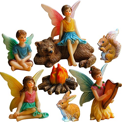 Mood Lab Fairy Garden Fairies - Miniature Figurines Accessories - Camping Fun Set of 8 pcs - Hand Painted Kit for Outdoor or House Decor