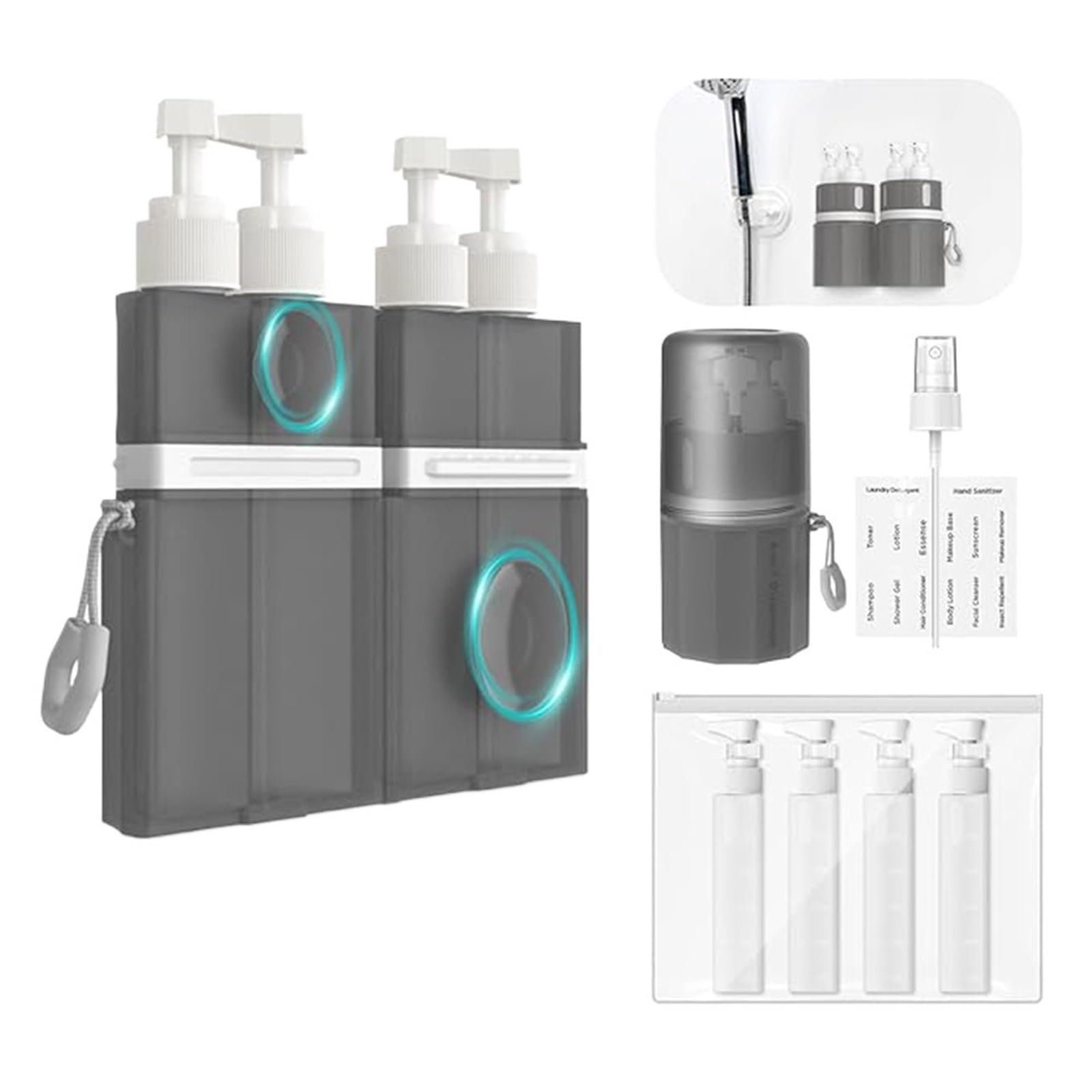 4in1 Travel Dispenser Bottles With Suction Cup, Size Toiletries, Leak Proof Containers for Travel