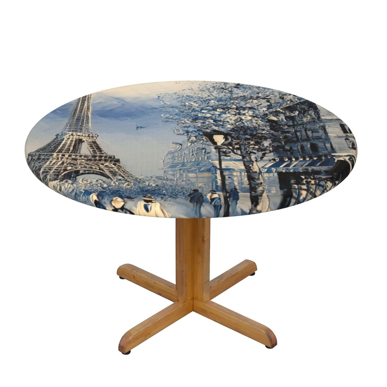 Romantic Paris Eiffel Tower Print Round Tablecloth Waterproof Table Cover Wipe Clean Washable Table Protector For Dining Room