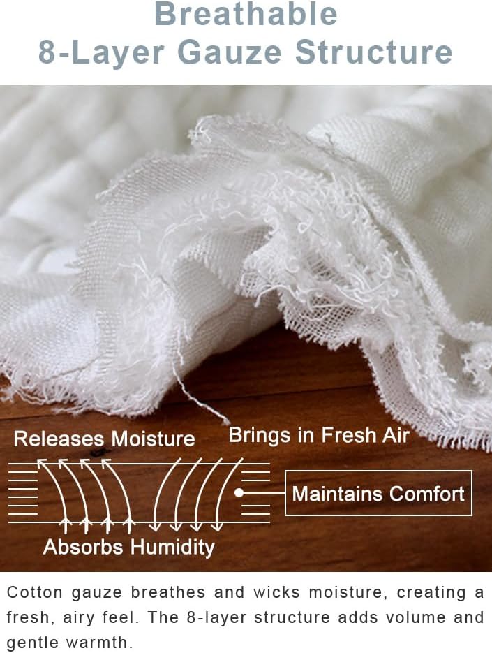 Miniatura 5 de HIORIE Manta de gasa japonesa, tamaño individual de 8 capas, 100% algodón, ligera, suave, transpirable, para todas las estaciones, lavable a