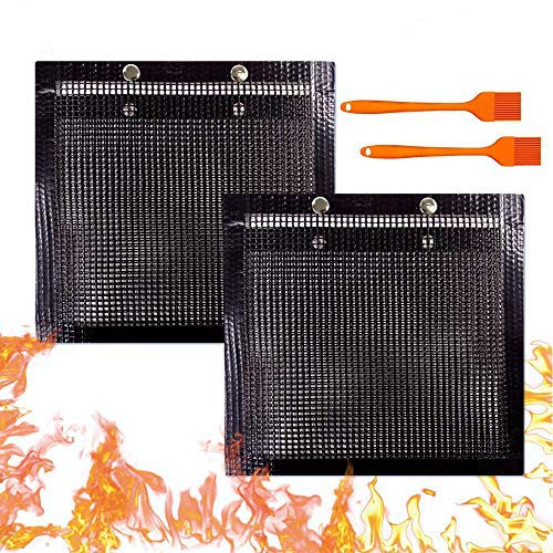 YBB 2 Pack BBQ Grill Mesh Bag, Non-Stick Large BBQ Baked Grilling PTFE Bag Heat-Resistant Reusable Easy to Clean Mesh Backing Bag for Outdoor Picnic Cooking Barbecue