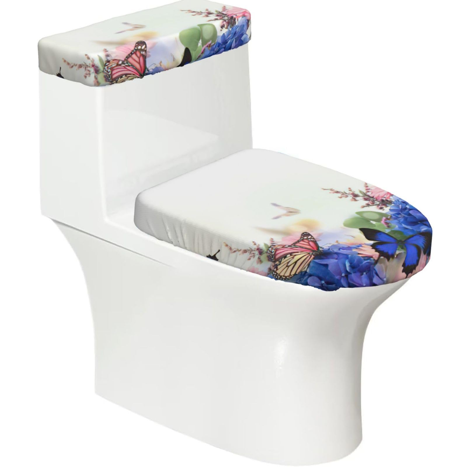 Hydrangeas Daisies Butterflies Print Stretch Toilet Covers Set, Polyester Covers Replacement For Fits Most Size Lids Bathroom Decor