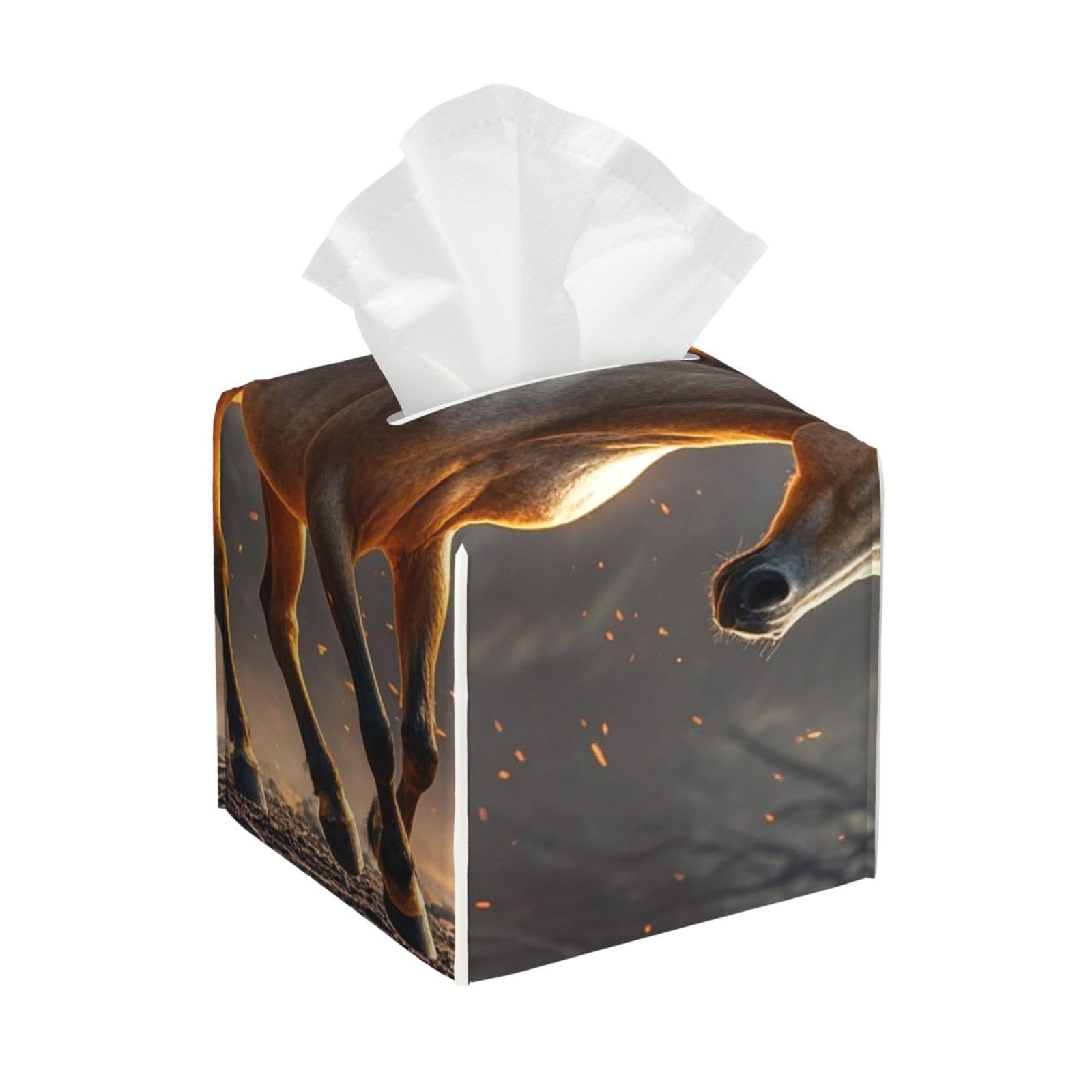 Pu Leather Cube Tissue Box Holders Modern Waterproof Square Tissue Box Cover Flame Horse Facial Paper Holder for Bathroom Kitchen Nightstand Office Home Decor