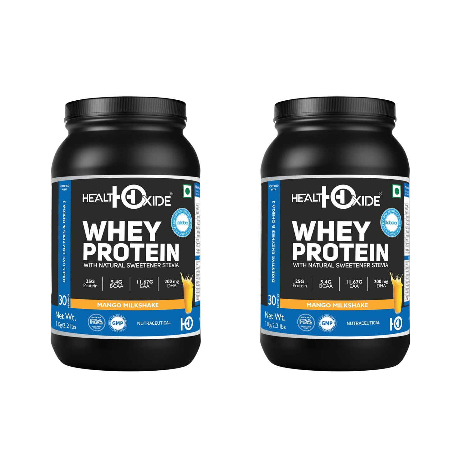 Healthoxide Whey Protein, 100% Whey Protein Concentrate, Mango Milkshake Flavour, 1kg/Each Pack of 2