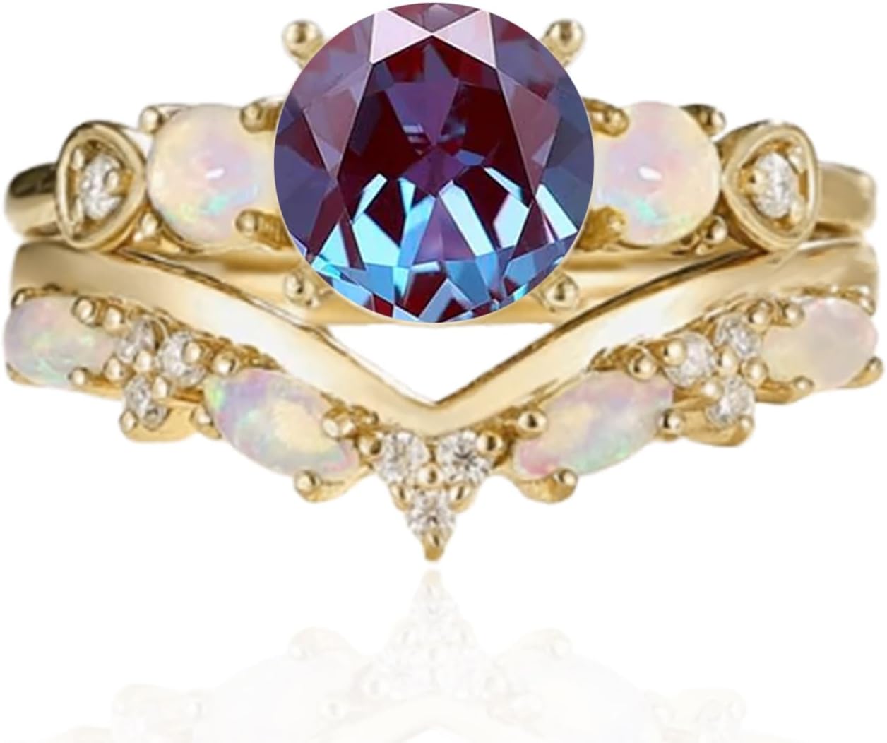 10K 14K 18K Solid Gold 1.5CT Round Shape Gemstone Engagement Ring Set for Women Birthstone Ring with Opal Vintage Bridal Wedding Rings Set Anniversary Christmas Gift Size 4-15